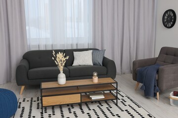 Poster - stylish room interior with comfortable sofa and beautiful window curtains