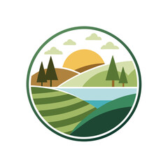 Poster - Nature-inspired logo featuring mountains, sun, and lush greenery represented through vector illustration