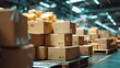 © Elshad - Pallets with stacked boxes in warehouse Carton and parcel storage for supply chain shipping