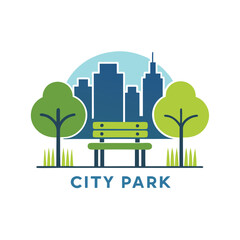 Poster - Vector logo illustration of a city park featuring a bench surrounded by trees and buildings against a light green backdrop