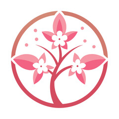 Leinwandbilder - Floral logo design featuring a detailed illustration of a blooming flower surrounded by a soft pink circular background