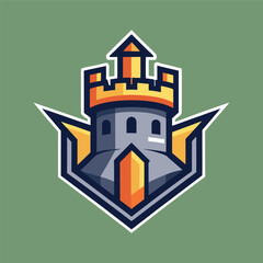 Poster - Colorful castle logo design featuring orange towers and navy accents, suitable for branding and illustration in various creative projects