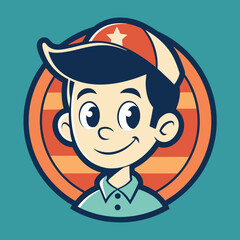 Poster - Cute vector logo featuring a smiling boy character with orange hair and a cheerful expression in a circular design against a blue background