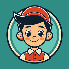 Poster - Cute vector logo featuring a smiling boy character with orange hair and a cheerful expression in a circular design against a blue background