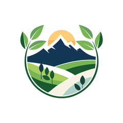 Poster - Nature-inspired logo featuring mountains, sun, and lush greenery represented through vector illustration