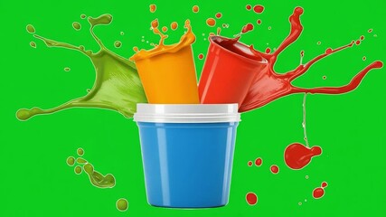 Leinwandbilder - Colorful Cascade: An artful display of paint buckets erupting in vibrant hues against a vivid green backdrop, symbolizing creative expression and artistic exploration.