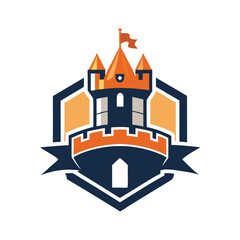 Poster - Colorful castle logo design featuring orange towers and navy accents, suitable for branding and illustration in various creative projects