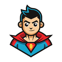 Poster - Superhero character logo featuring a confident young male with a blue hairstyle and red cape designed in a vibrant vector style