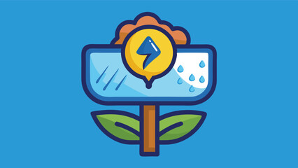 Poster - Vector illustration of a logo featuring a stylized flower design in front of a blue background with raindrops and a lightning bolt symbolizing weather resilience