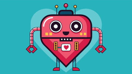 Poster - Cute red robot character with heart-shaped body and playful features on a teal background designed as clipart, perfect for digital designs or children's themes
