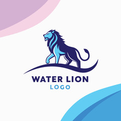 Aufkleber - Modern water lion logo design featuring a stylized blue lion standing on a wave, showcasing the blend of strength and fluidity in the design scheme