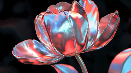 Wall Mural - Tulip or peony chrome liquid dreamcorel flower. 3d render, modern design. isolated holographic futuristic floral icon. brutalism retro futurism concept. Cyber Tulip. Illustration