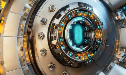 Futuristic technology chamber, energy core, glowing blue, circular design, sci-fi background, for tech websites