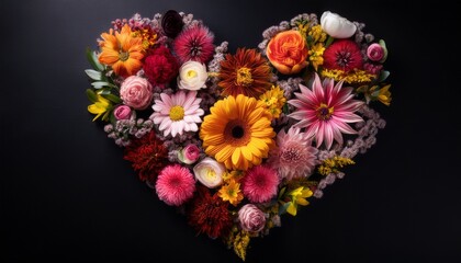 Wall Mural - vibrant floral heart shaped arrangement on black background