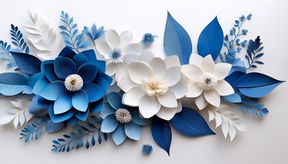 Wall Mural - elegant paper flower arrangement in blue and white on white background.