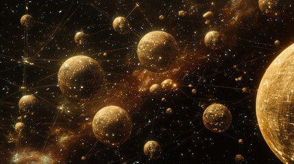 Wall Mural - Spherical celestial objects connected in a vast and dark cosmos