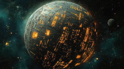 Wall Mural - a glowing cybernetic planet surrounded by space and celestial bodies