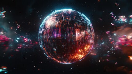 Wall Mural - A vibrant sphere surrounded by colorful cosmic structures in space