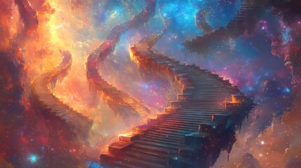 Wall Mural - Spiraling staircases reaching toward a vibrantly colored celestial sky