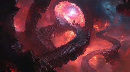 Wall Mural - A surreal fantastical landscape featuring an endless winding staircase design