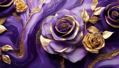 Wall Mural - purple and gold glitter marble texture with roses