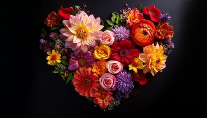 Wall Mural - vibrant floral heart shaped arrangement on black background