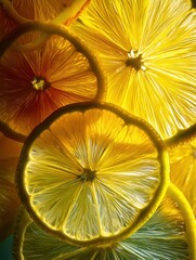 Fototapete - Close-up of Sliced Citrus Fruit Showcasing Vibrant Light and Juicy Texture With Intricate Details