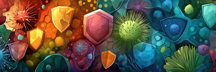 Leinwandbilder - Abstract Representation of a Healthy Immune System Showcasing Vibrant Colors and Shield Shapes Against a Textured Background