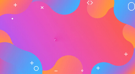 Wall Mural - abstract background with fluid shapes and gradient colors in pink orange and blue with symbols scatt