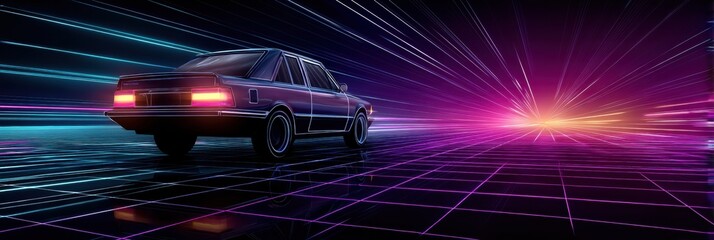 Aufkleber - Retro 80s Synthwave Car Speeds Along a Neon Grid Under a Starry Sky, Capturing the Essence of Vibrant Nightlife and Retro Futurism