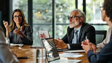 Poster - Business meeting with diverse professionals discussing strategies in a modern office environment with large windows revealing a green landscape