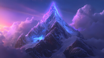 Wall Mural - Enchanting mountain with ice-covered peaks glimmering under soft ethereal light creating a stunning natural landscape. Glimmering Apex. Illustration