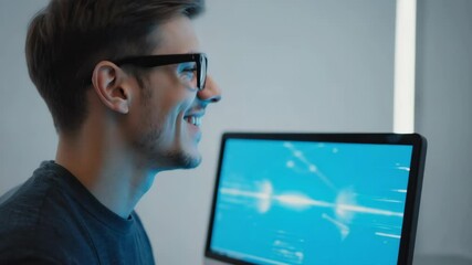 Cheerful programmer wearing glasses smiles while looking at computer screen displaying abstract connections, coding, data analysis interface