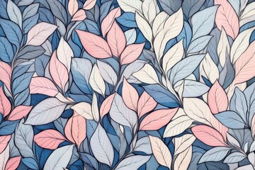 Wall Mural - Tropical plants and leaves background with pink, blue, and gray pastel colors, featuring simple line art Generative AI