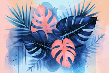 Wall Mural - A flat illustration of tropical leaves in pastel pink, coral, and blue tones on an abstract background with large shapes and lines Generative AI