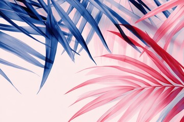 Wall Mural - Abstract vector illustration of tropical leaves and palm fronds in pastel pink, blue, and coral colors on a light background Generative AI