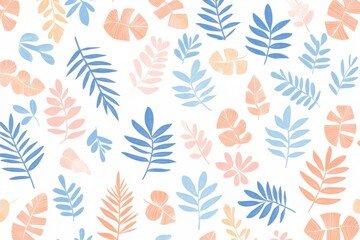 Wall Mural - Abstract vector illustration of tropical leaves and palm fronds in pastel pink, blue, and orange tones on a light background Generative AI
