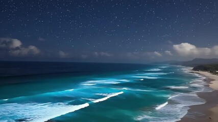Ocean waves roll onto sandy shore under a star filled night sky with some cloud coverage near a vegetated coastline