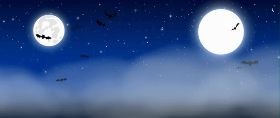 Wall Mural - anamorphic video of halloween background animation with the concept of blue sky, moon, fog, flying b