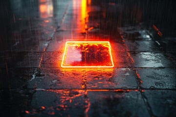 neon sign reflected on wet floor, casting vibrant colors in dimly lit alleyway.