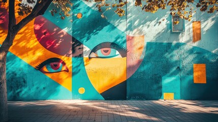 Aufkleber - Vibrant turquoise wall with graffiti and yellow mailbox in an urban alley during daytime, showcasing a blend of street art and city life