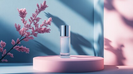Leinwandbilder - Elegant glass perfume bottle displayed on a pastel pedestal with soft shadows and pink foliage, creating a serene aesthetic in natural light