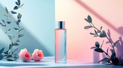 Leinwandbilder - Elegant glass perfume bottle displayed on a pastel pedestal with soft shadows and pink foliage, creating a serene aesthetic in natural light