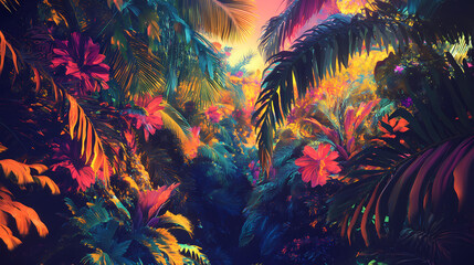 Naklejka na meble Surreal floral jungle canopy aglow with vibrant electric colors and lush foliage. Electric Flora. Illustration