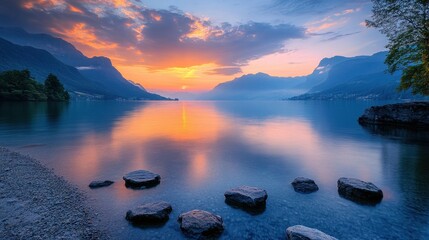 Fototapete - Sunset reflecting on tranquil lake with rocky shore and mountains in the background near a serene village
