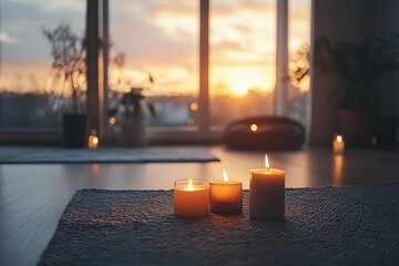 Poster - Tranquil wellness space with candles and natural light for relaxation and meditation in a serene environment