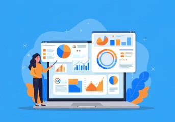 Wall Mural - Woman presenting charts on a laptop screen display