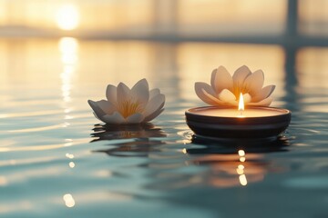 Aufkleber - Serene pink lotus blooming on a tranquil water surface at sunset, capturing the magic of nature in a peaceful environment