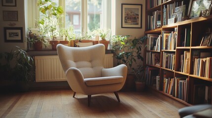 Poster - Cozy and sunny reading nook in a home with indoor plants and a comfortable chair