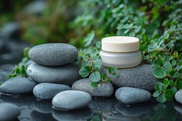 Aufkleber - Natural skincare product surrounded by smooth stones and green leaves in a serene, calming environment with soft lighting during the day